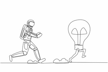 Fototapeta na wymiar Continuous one line drawing young astronaut run chasing light bulb in moon surface. Innovation in discovery of new planets. Cosmonaut outer space concept. Single line draw design vector illustration