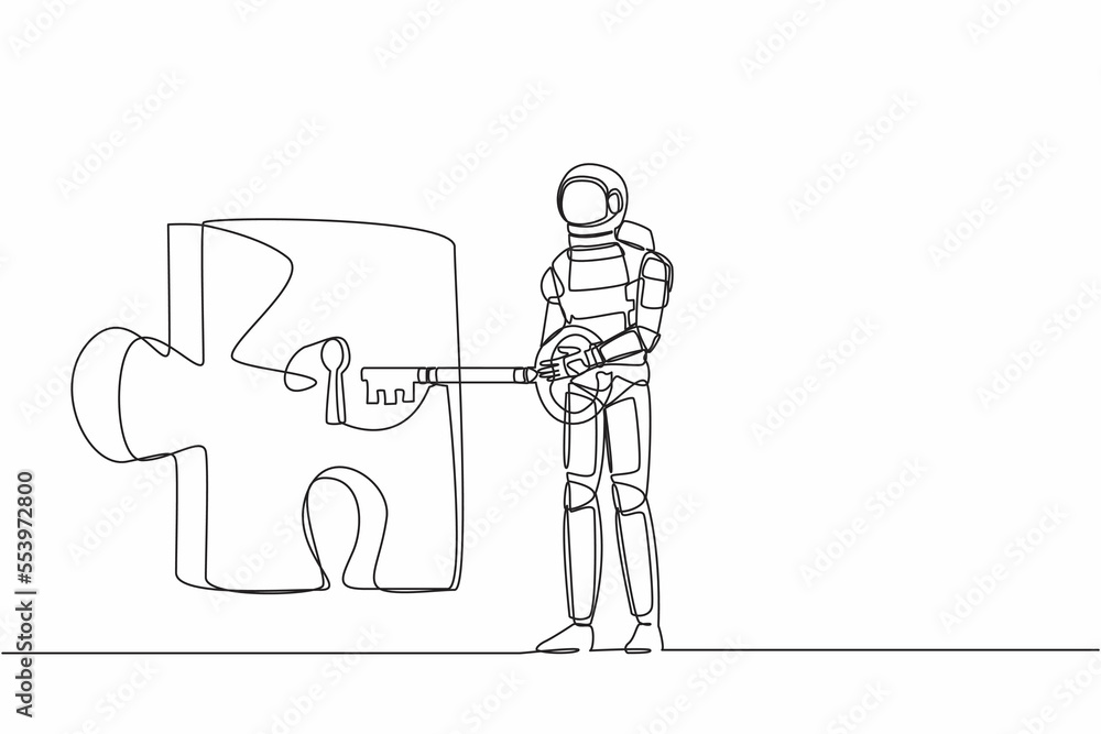 Poster single continuous line drawing young astronaut putting key into puzzle piece. teamwork for solving s