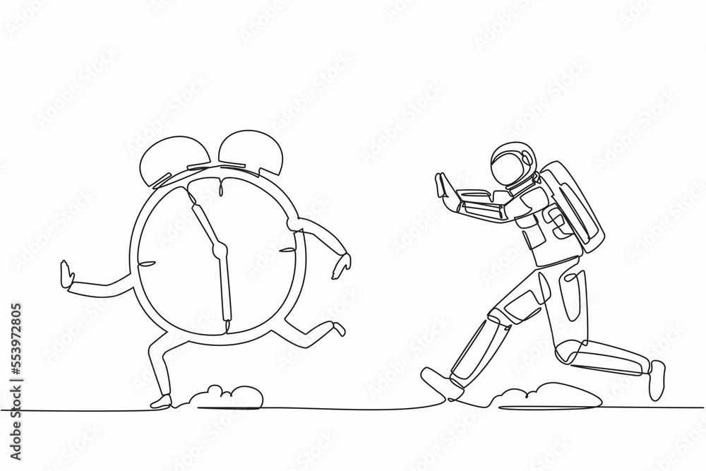 Poster continuous one line drawing of young astronaut run chasing alarm clock in moon surface. space shuttl