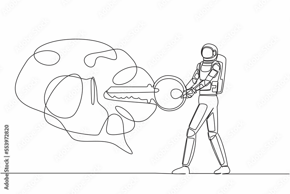 Aufkleber continuous one line drawing young astronaut putting key into brain in moon surface. unlock spaceman 