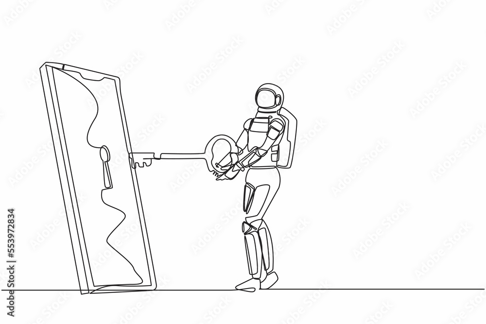 Poster continuous one line drawing young astronaut put key into smartphone. data privacy for space company 