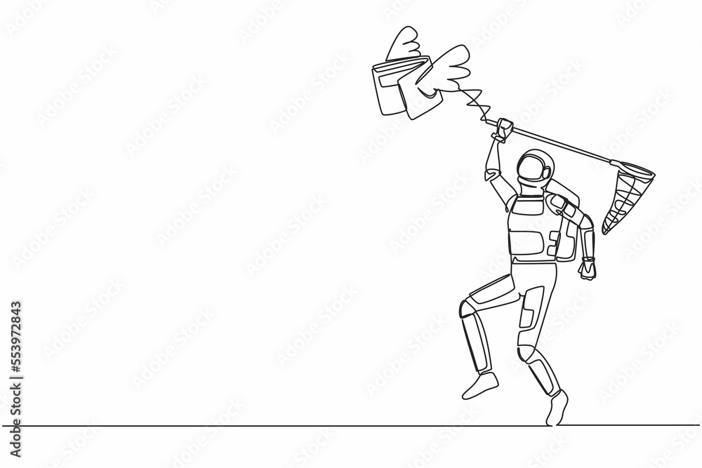 Poster single one line drawing young astronaut try to catching flying wallet with butterfly net. losing mon