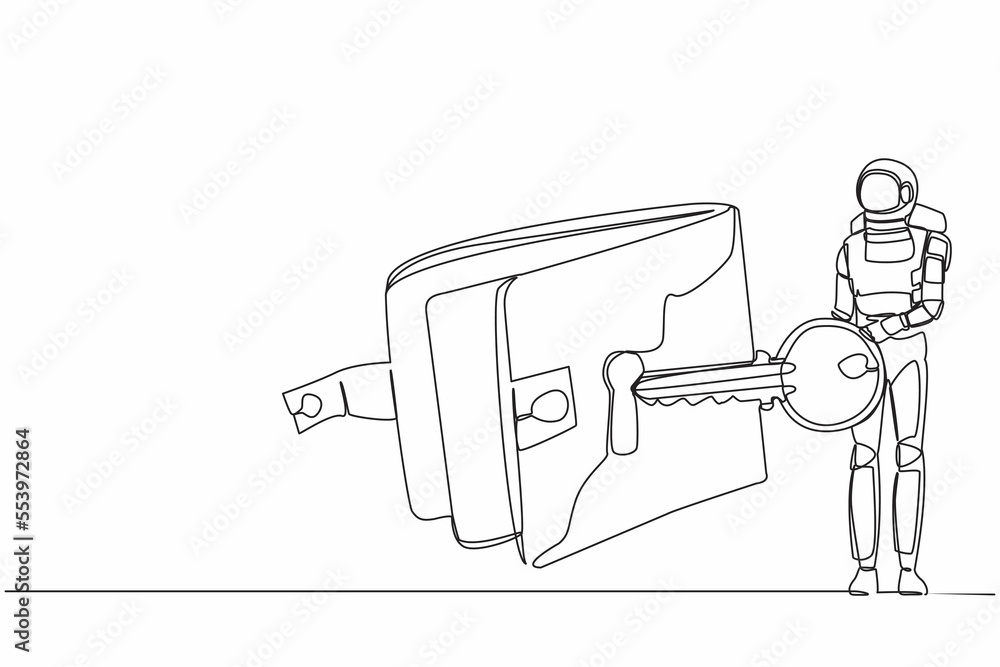 Poster continuous one line drawing of astronaut put key into wallet. money protection and financial securit