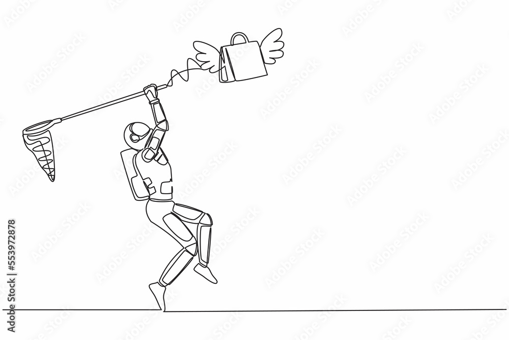 Poster continuous one line draw young astronaut try to catching flying shopping bag with butterfly net. spa