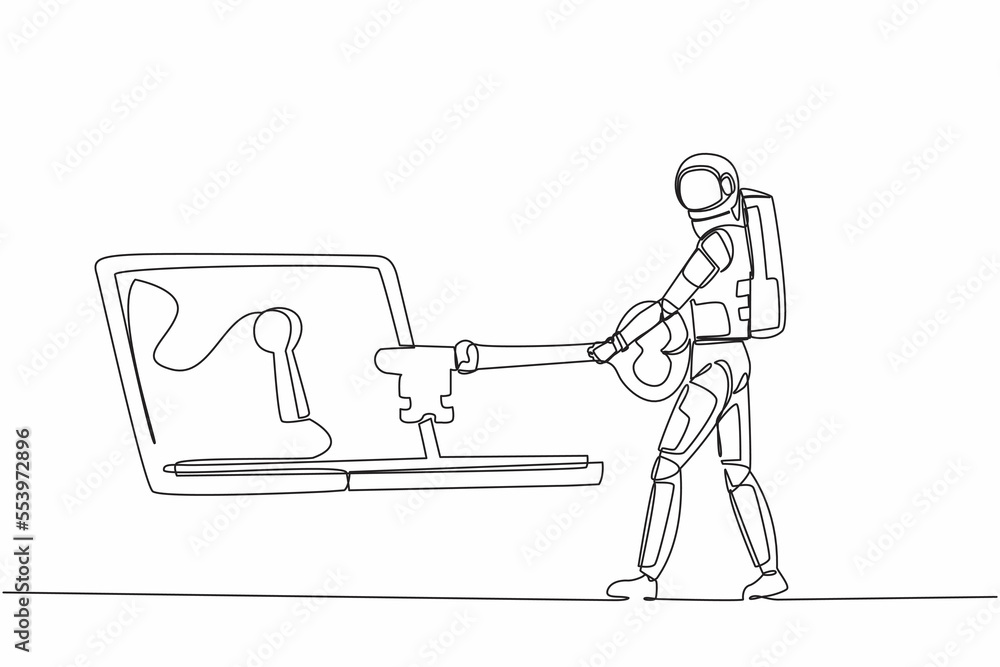 Poster single one line drawing astronaut putting key into laptop. protection internet spaceship encryption,