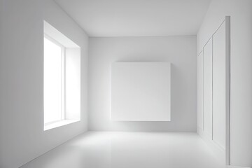 Abstract white interior with blank banner on the wall. Ai generated illustration. Generative art