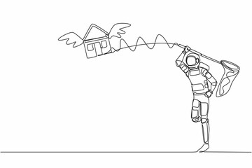 Single continuous line drawing young astronaut try to catching flying house with butterfly net. Price housing loan in other planets. Cosmonaut deep space. One line design vector graphic illustration
