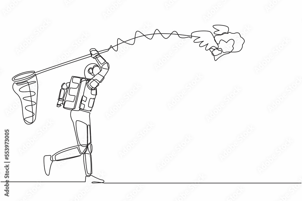 Poster single one line drawing astronaut try to catch flying brain with butterfly net. genius idea from spa