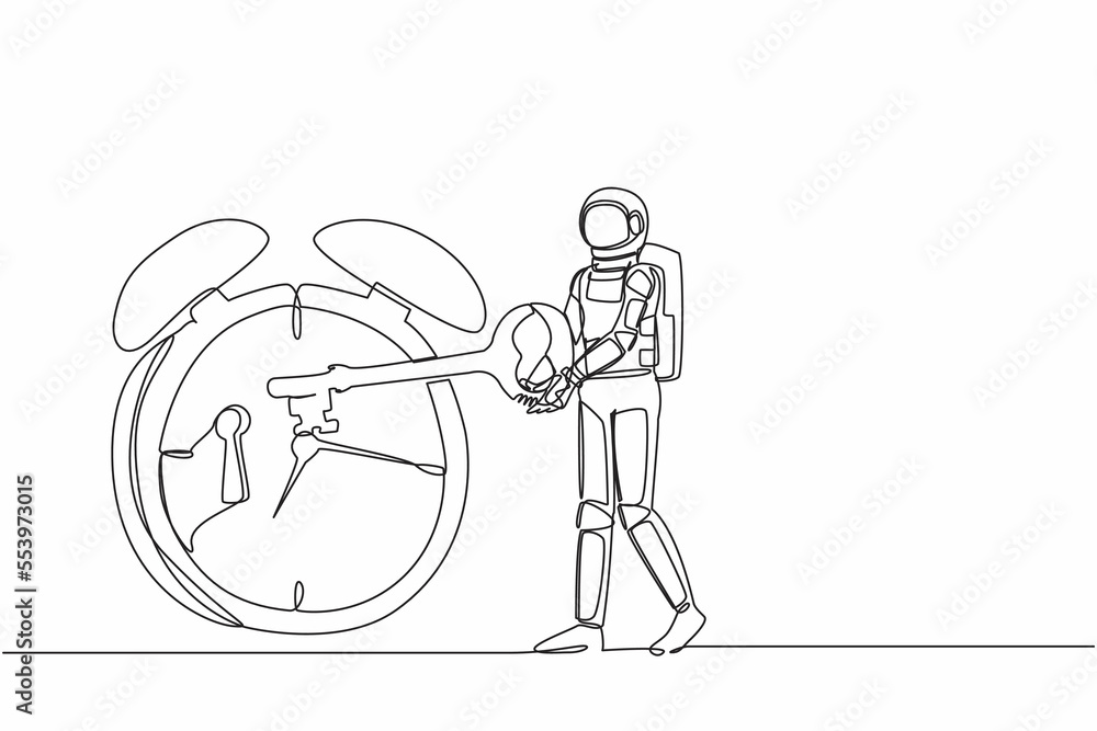 Aufkleber single one line drawing astronaut putting key into alarm clock. deadline work and time management in