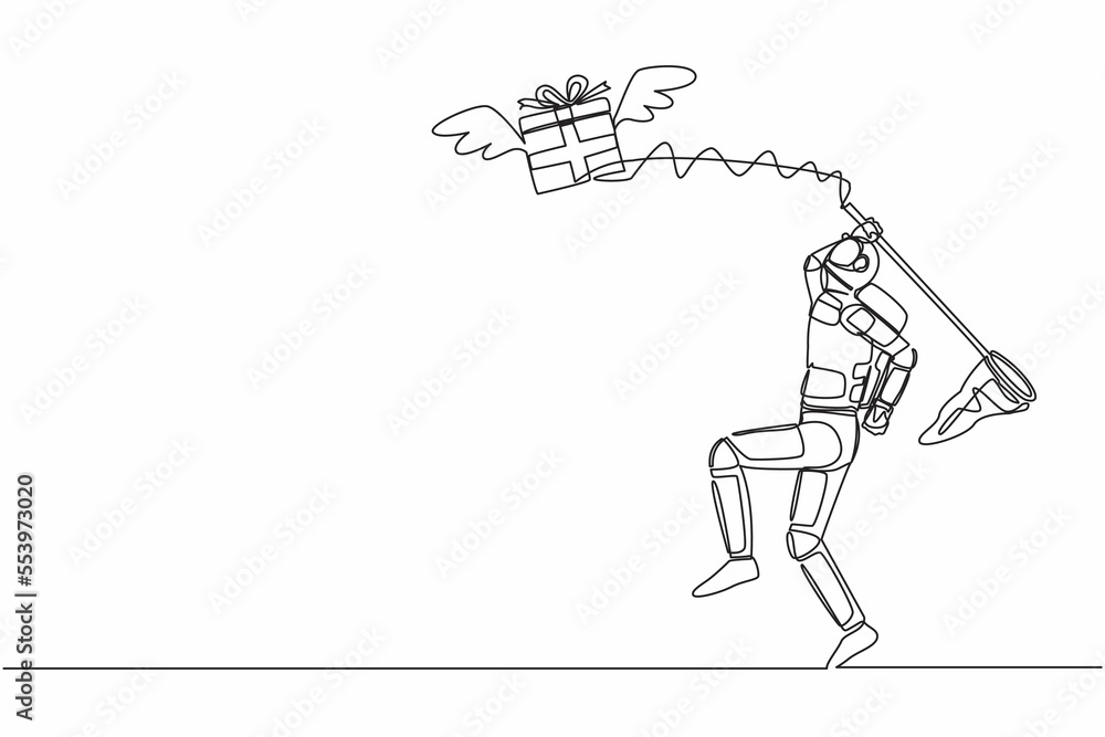 Poster continuous one line drawing young astronaut try to catching flying gift box with butterfly net. wing