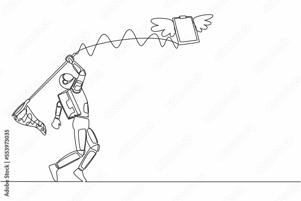 Poster single continuous line drawing young astronaut try to catching flying clipboard with butterfly net. 