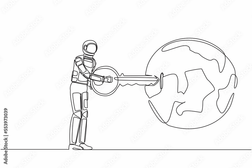 Poster single continuous line drawing of astronaut putting key into globe. travel or explore earth above at