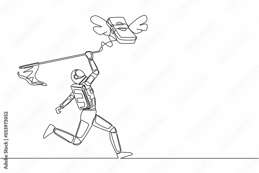 Poster single one line drawing astronaut try to catching flying money stacks with butterfly net. budget spe