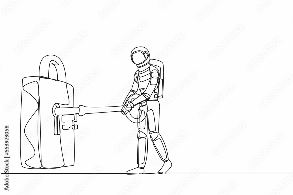 Poster single continuous line drawing of young astronaut putting big key into padlock. space company securi