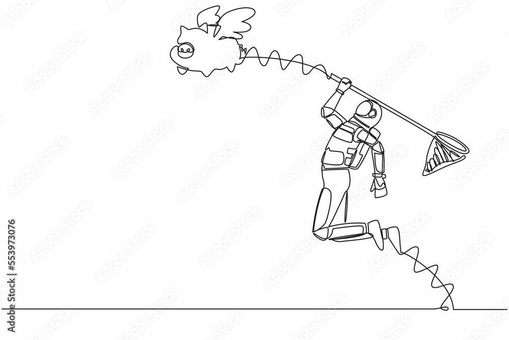 Poster continuous one line drawing young astronaut try to catching flying piggy bank with butterfly net. mo