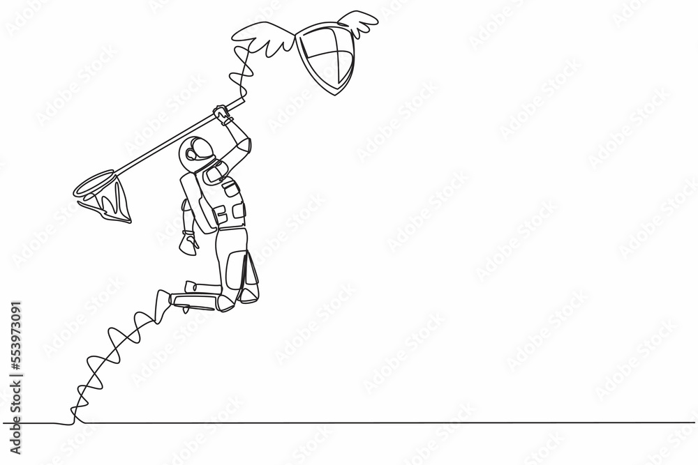 Poster continuous one line drawing young astronaut try to catching flying shield with butterfly net. securi