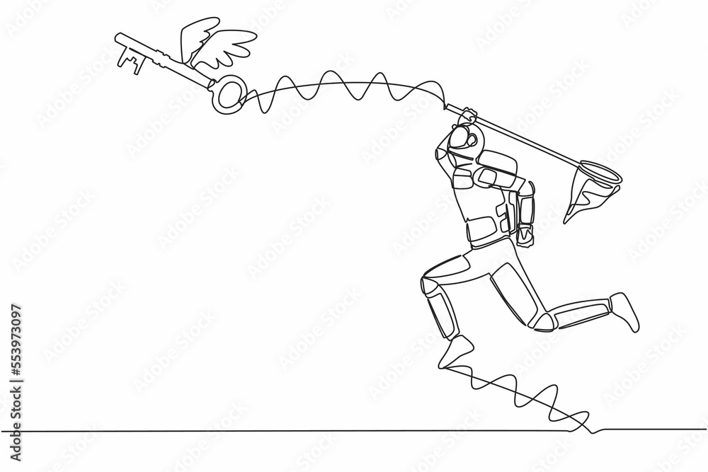 Poster single continuous line drawing of young astronaut try to catching flying key with butterfly net. fin
