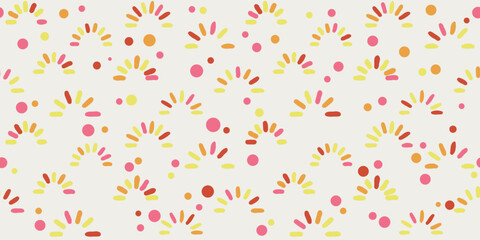 Colored petals and dots. Girlish or childish pattern for wallpaper or notebooks. Seamless print for surfaces, packaging, pillows, textiles, wallpapers, notebooks.