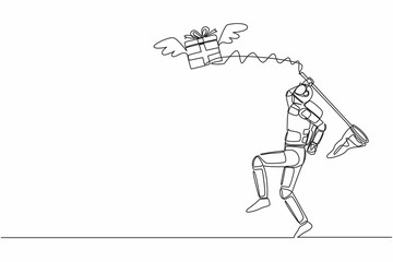 Continuous one line drawing young astronaut try to catching flying gift box with butterfly net. Winged package from other galaxy. Cosmonaut outer space. Single line graphic design vector illustration