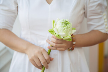 Close up a Asian woman in a white dress holding a lotus flower in her hands.
