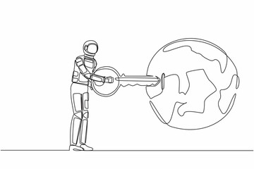 Single continuous line drawing of astronaut putting key into globe. Travel or explore earth above atmosphere. Research planet orbital. Cosmonaut deep space. One line design vector graphic illustration