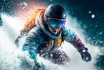 Fototapeta na wymiar Snowboarder in the mountains. Winter extreme sports illustration, a fictional person, Generative AI