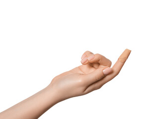 Female hand with a band-aid on the index finger, isolate