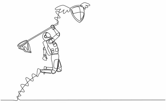 Continuous one line drawing young astronaut try to catching flying shield with butterfly net. Security for spaceship protection. Cosmonaut outer space. Single line graphic design vector illustration