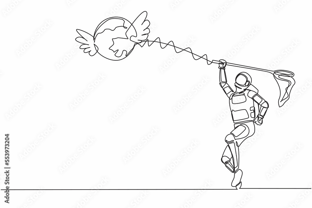 Poster continuous one line drawing young astronaut try to catching flying globe with butterfly net. space t
