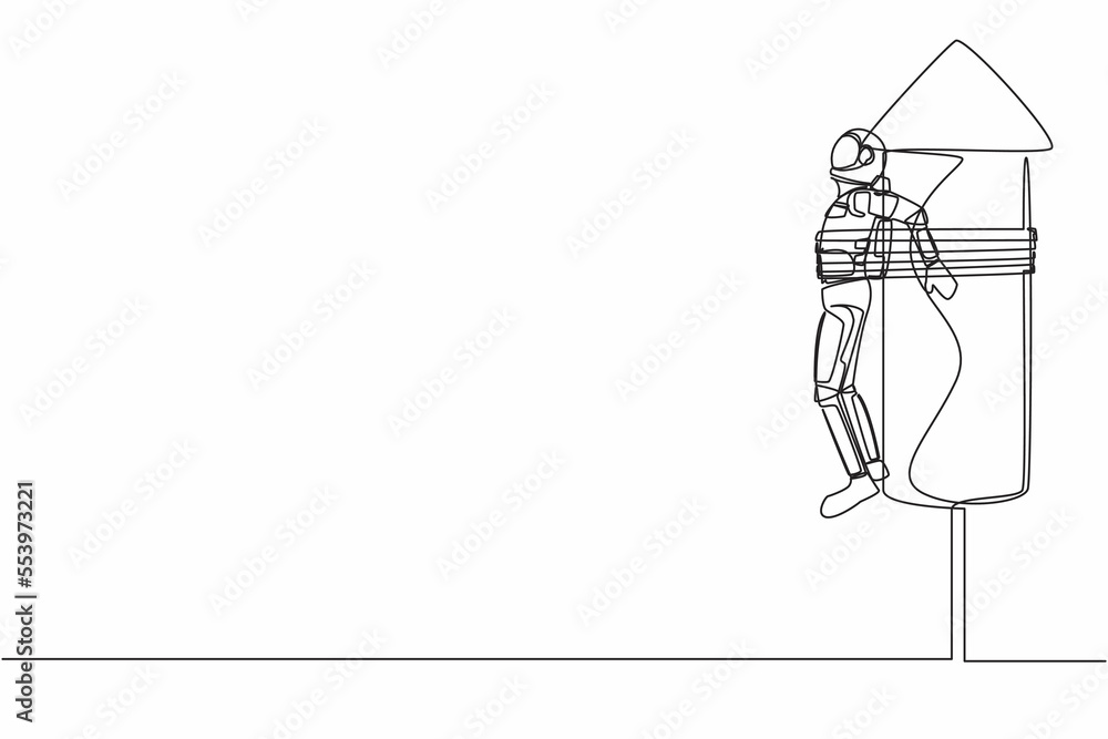 Aufkleber single continuous line drawing young astronaut being tied to launching rocket, feeling anxious and s