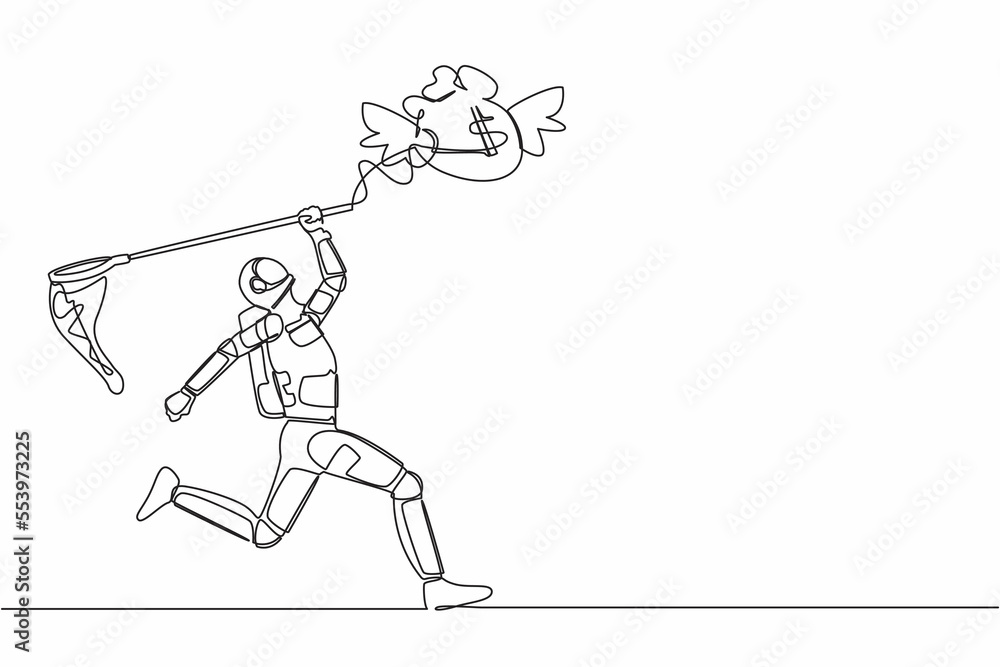 Poster single continuous line drawing of astronaut try to catch flying money bag with butterfly net. achiev