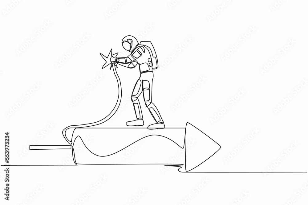 Poster single continuous line drawing young astronaut standing on firework rocket and ignite it to boost sp