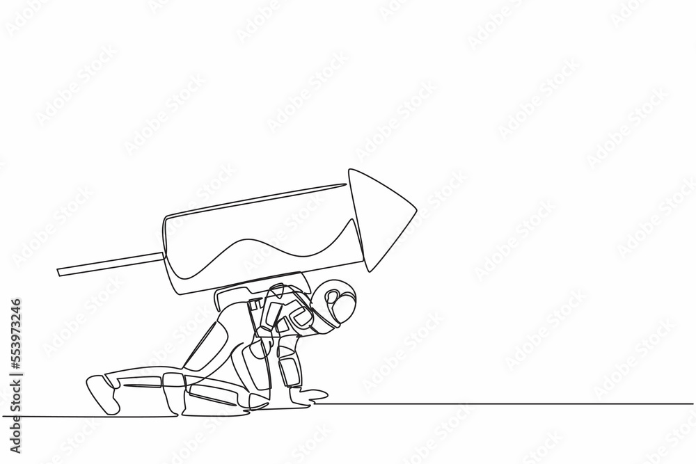 Poster continuous one line drawing young astronaut with rocket on back stand on start ready for spaceship e