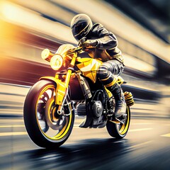 Biker on yellow sports bike rides on high speed. Blurred motion. Photorealistic illustration. Generative art