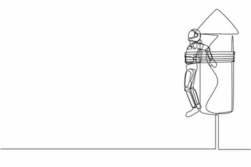 Single continuous line drawing young astronaut being tied to launching rocket, feeling anxious and scared. Future spaceship development. Cosmonaut deep space. One line draw design vector illustration
