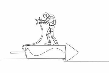 Single continuous line drawing young astronaut standing on firework rocket and ignite it to boost spaceship technology process. Cosmonaut deep space. One line draw design vector graphic illustration