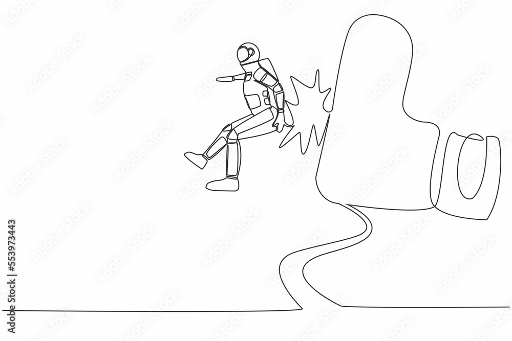 Poster continuous one line drawing young astronaut getting fired, flying through air after being kicked in 