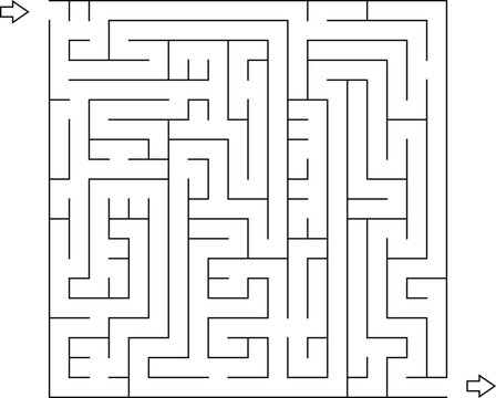 Square maze, vector. Labyrinth with entrance and exit, black color illustration isolated on white background.