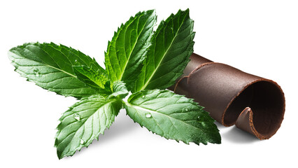 Mint with chocolate curled shaving, isolated png