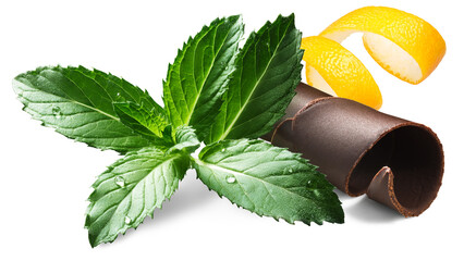 Mint with chocolate shaving and twisted citrus peel, isolated png
