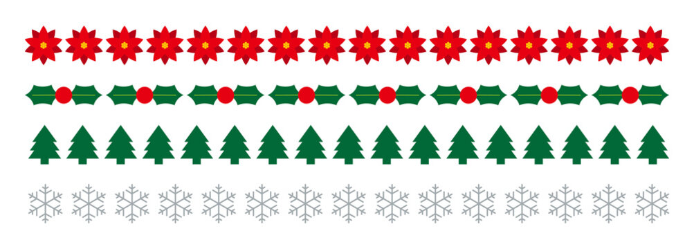 Set of pattern borders for Christmas concept in winter season December. Retro style ribbon design with repeating tree, flower, berries, snow and snowflake shapes.