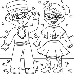 Mardi Gras Jester Boy and Girl Coloring Page - obrazy, fototapety, plakaty
