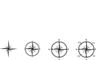 Compass black icon set . Wind rose signs. Cardinal compass symbols  North, South, East, West. Isolated realistic design, vector illustration on white background