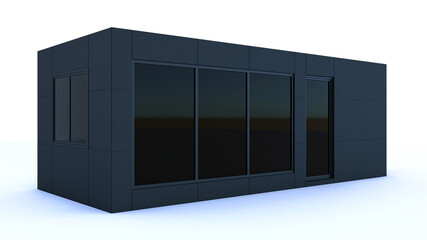 3d Container building design. Portable black office cabin container isolated on white background, 3d rendering.