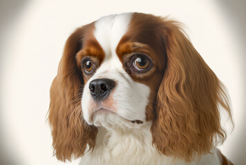 Charles King, a cavalier spaniel, is shown in a portrait on a white backdrop. Generative AI