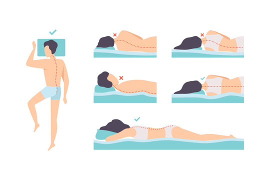 Man and Woman Lying in Correct and Incorrect Sleeping Pose for Neck and Spine Vector Set