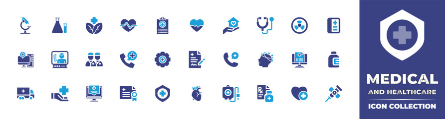 Medical and healthcare icon collection. Bold icon. Duotone color. Vector illustration. Containing microscope, lab, natural product, medical app, diagnostic, check up, health care, and more. - obrazy, fototapety, plakaty