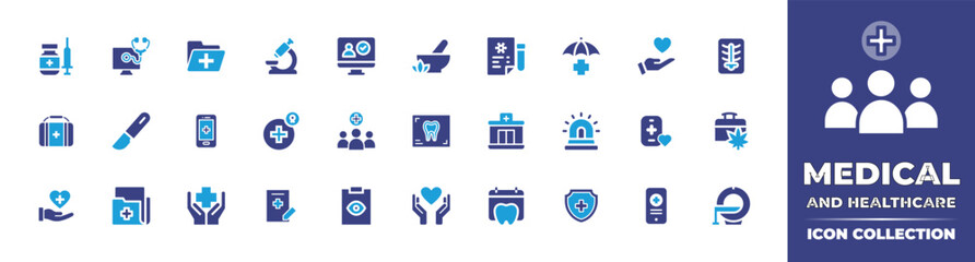 Fototapeta na wymiar Medical and healthcare icon collection. Bold icon. Duotone color. Vector illustration. Containing medicament, medical app, medical records, microscope, information, herbs, test results, and more.