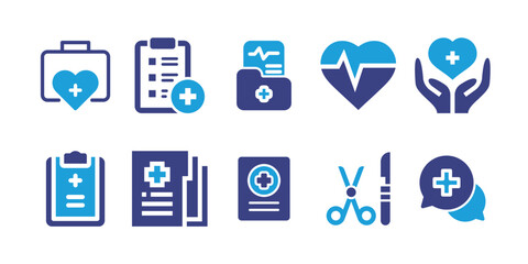 Medical and healthcare icon set. Bold icon. Duotone color. Vector illustration. Containing medic, medical report, medical history, heartbeat, healthcare, surgical instrument, consulting.
