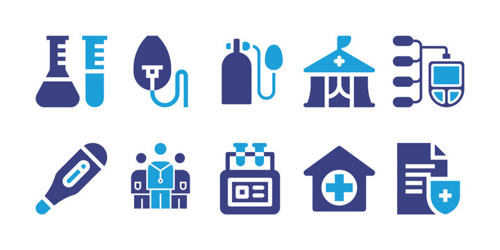 Medical and healthcare icon set. Bold icon. Duotone color. Vector illustration. Containing research, oxygen mask, oxygen tank, tent, device, thermometer, doctors, test tubes, pharmacy, insurance.